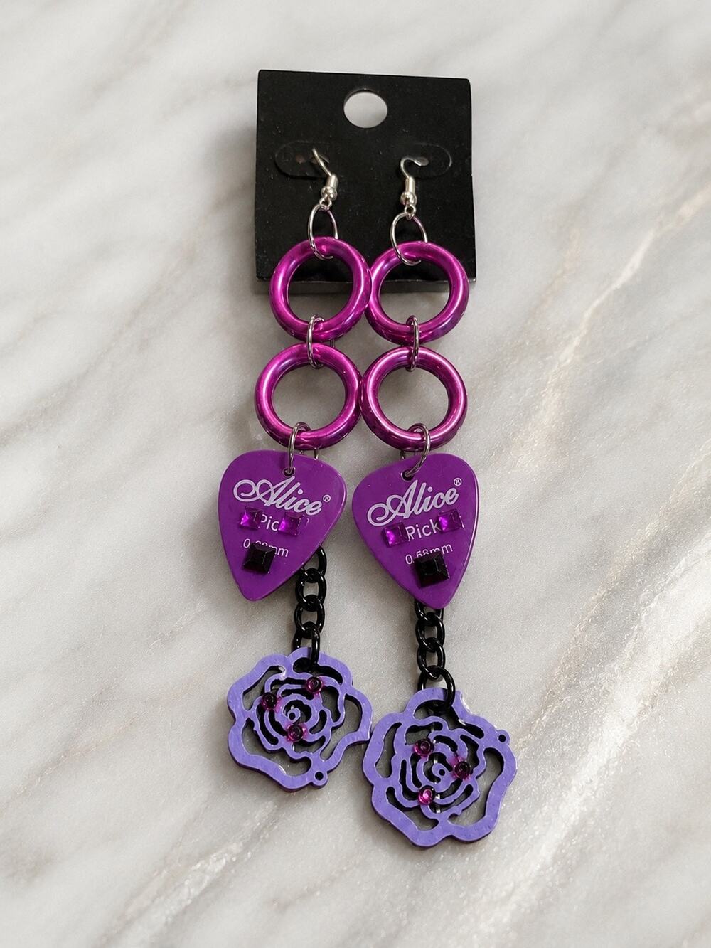 Handmade Purple Guitar Pick Dangle Earrings Rose Charm Punk Rock Gothic Boho